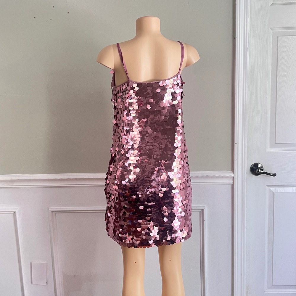 Sequin Mini Dress Womens M Large Disc Paillette Pink Disco Party Glam - Picture 3 of 9